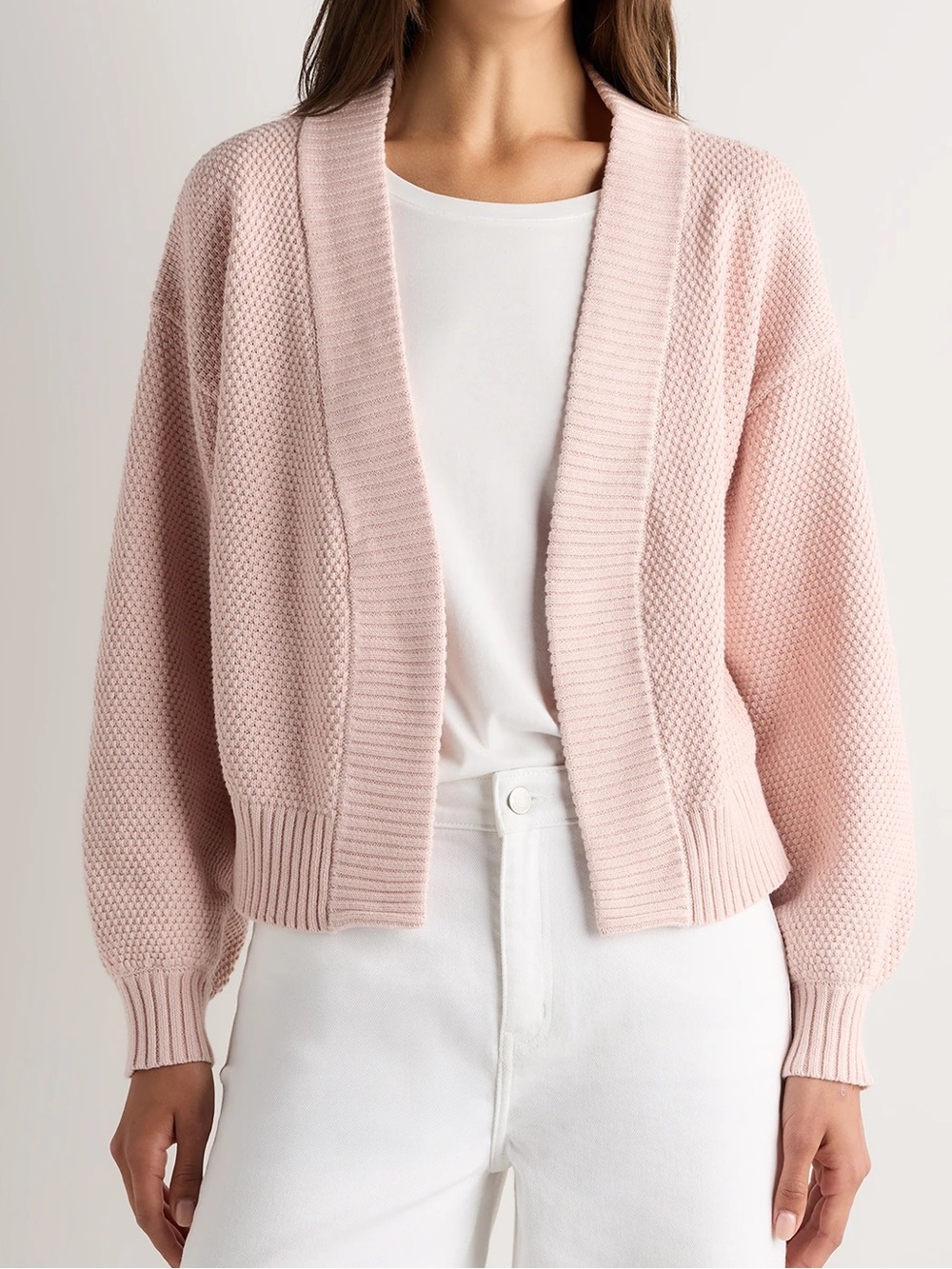 Quince 100% Organic Cotton Waffle Stitch Open Cardigan in Shell Pink